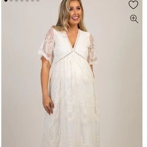 PinkBlush Cream Lace Mesh Overlay Maternity Maxi Dress